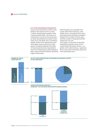 5.2. Fraud and dispute management 
Fraud is and will remain a serious chal-lenge 
to the industry and is an area 
in which all participants appear to be 
investing significantly. The amount of 
investment is not yet at the same level 
as those absorbed by the estate invest-ment 
or by cash float, but is increasing 
rapidly versus other operational costs. 
Once again, the survey found a high 
level of variability between the levels 
of fraud experienced by respondents 
with most organisations participating to 
both rounds of benchmarking, reporting 
higher fraud losses. 
While disputes can originate from 
causes other than fraud (e.g. card-holder 
errors, processing errors, etc.), 
the analysis has outlined a correlation 
between the number of fraud cases 
and the number of disputes and their 
respective unit cost. 
Once again, on the basis of the data 
analysed during the course of this 
round of benchmarking, fraud is – to-gether 
with malfuctionings - appearing 
to be a key driver of dispute cases and 
their associated costs. 
Do you have other security measures in your Real Estate? 
If yes, how many? 
100% NO 
YES 1-3 
Dispute and fraud statistics 
(average = 100, maximum and minimum ranges shown) 
Cost 
per dispute 
+46.9% 
100% 
report ATM Benchmarking Study 2014 and Industry Report 
Number 
of dispute 
cases per 
transaction 
+166.4% 
100 100 
-85.6% 
-95.9% 
+10 
0% 
Number of fraud 
cases per ATM 
0% 
ATMIA 
Benchmarking 
Study 2012 
ATMIA 
Benchmarking 
Study 2014 
 