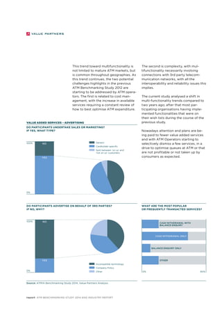 NO 
YES 
This trend toward multifunctionality is 
not limited to mature ATM markets, but 
is common throughout geographies. As 
this trend continues, the two potential 
challenges highlights in the previous 
ATM Benchmarking Study 2012 are 
starting to be addressed by ATM opera-tors. 
The first is related to cost man-agement, 
with the increase in available 
services requiring a constant review of 
how to best optimise ATM expenditure. 
Generic 
Cardholder-specific 
Split between ‘on us’ and 
‘not on us’ customers 
100% 
0% 
Do participants advertise on behalf of 3rd parties? 
If no, why? 
NO 
YES 
Incompatible technology 
Company Policy 
Other 
100% 
Source: ATMIA Benchmarking Study 2014, Value Partners Analysis 
report ATM Benchmarking Study 2014 and Industry Report 
The second is complexity, with mul-tifunctionality 
necessarily involving 
connections with 3rd party telecom-munication 
networks, with all the 
interoperability and reliability issues this 
implies. 
The current study analysed a shift in 
multi-functionality trends compared to 
two years ago; after that most par-ticipating 
organisations having imple-mented 
functionalities that were on 
their wish lists during the course of the 
previous study. 
Nowadays attention and plans are be-ing 
paid to fewer value added services 
and with ATM Operators starting to 
selectively dismiss a few services, in a 
drive to optimise queues at ATM or that 
are not profitable or not taken up by 
consumers as expected. 
Cash withdrawal with 
balance enquiry 
Cash withdrawal only 
Balance enquiry only 
OtheR 
Do participants undertake sales or marketing? 
If yes, what type? 
What are the most popular 
or frequently transacted services? 
Value Added Services – advertising 
0% 
0% 80% 
 