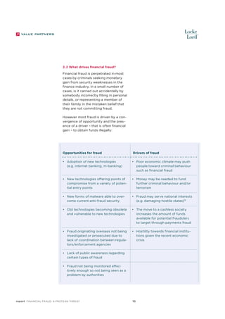 2.2 What drives financial fraud?
Financial fraud is perpetrated in most
cases by criminals seeking monetary
gain from security weaknesses in the
finance industry. In a small number of
cases, is it carried out accidentally by
somebody incorrectly filling in personal
details, or representing a member of
their family in the mistaken belief that
they are not committing fraud.
However most fraud is driven by a convergence of opportunity and the presence of a driver – that is often financial
gain – to obtain funds illegally:

Opportunities for fraud

Drivers of fraud

•	 Adoption of new technologies
(e.g. internet banking, m-banking)

•	 Poor economic climate may push
people toward criminal behaviour
such as financial fraud

•	 New technologies offering points of
compromise from a variety of potential entry points

•	 Money may be needed to fund
further criminal behaviour and/or
terrorism

•	 New forms of malware able to overcome current anti-fraud security

•	 Fraud may serve national interests
(e.g. damaging hostile states)10

•	 Old technologies becoming obsolete
and vulnerable to new technologies

•	 The move to a cashless society
increases the amount of funds
available for potential fraudsters
to target through payments fraud

•	 Fraud originating overseas not being
investigated or prosecuted due to
lack of coordination between regulators/enforcement agencies

•	 Hostility towards financial institutions given the recent economic
crisis

•	 Lack of public awareness regarding
certain types of fraud
•	 Fraud not being monitored effectively enough so not being seen as a
problem by authorities

report Financial Fraud: a Protean Threat

10

 