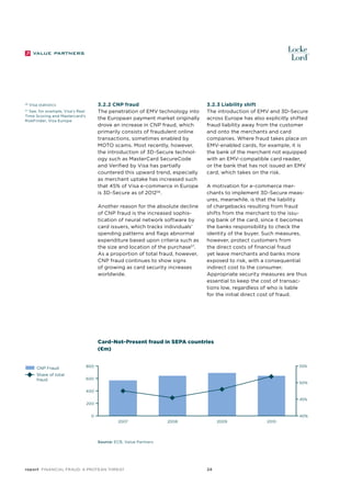 56

3.2.2 CNP fraud
The penetration of EMV technology into
the European payment market originally
drove an increase in CNP fraud, which
primarily consists of fraudulent online
transactions, sometimes enabled by
MOTO scams. Most recently, however,
the introduction of 3D-Secure technology such as MasterCard SecureCode
and Verified by Visa has partially
countered this upward trend, especially
as merchant uptake has increased such
that 45% of Visa e-commerce in Europe
is 3D-Secure as of 201256.

Visa statistics

See, for example, Visa’s Real
Time Scoring and Mastercard’s
RiskFinder; Visa Europe

57

Another reason for the absolute decline
of CNP fraud is the increased sophistication of neural network software by
card issuers, which tracks individuals’
spending patterns and flags abnormal
expenditure based upon criteria such as
the size and location of the purchase57.
As a proportion of total fraud, however,
CNP fraud continues to show signs
of growing as card security increases
worldwide.

3.2.3 Liability shift
The introduction of EMV and 3D-Secure
across Europe has also explicitly shifted
fraud liability away from the customer
and onto the merchants and card
companies. Where fraud takes place on
EMV-enabled cards, for example, it is
the bank of the merchant not equipped
with an EMV-compatible card reader,
or the bank that has not issued an EMV
card, which takes on the risk.
A motivation for e-commerce merchants to implement 3D-Secure measures, meanwhile, is that the liability
of chargebacks resulting from fraud
shifts from the merchant to the issuing bank of the card, since it becomes
the banks responsibility to check the
identity of the buyer. Such measures,
however, protect customers from
the direct costs of financial fraud
yet leave merchants and banks more
exposed to risk, with a consequential
indirect cost to the consumer.
Appropriate security measures are thus
essential to keep the cost of transactions low, regardless of who is liable
for the initial direct cost of fraud.

Card-Not-Present fraud in SEPA countries
(€m)
	 CNP Fraud
	

	 Share of total
fraud

55%

800
600

50%

400
45%

200

40%

0
2007

2008

2009

Source: ECB, Value Partners

report Financial Fraud: a Protean Threat

24

2010

 