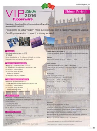 Faça parte de uma viagem mais que especial com a Tupperware para Lisboa!
Qualifique-se e viva momentos inesquecíveis!
Tabela de Pontuação ÚNICA:
(Todas as categorias, exceto Consultoras, utilizarão esta pontuação)
Vendas:
R$ 1,00 em vendas do Grupo / Distrito = 1 ponto
Recrutamento:
CadaCoraçãoAtivodoGrupo/Distrito=1.000pontos
Cada Coração Ativo do Grupo / Distrito após atingirem o critério mínimo =
2.000 pontos.
Nomeação:
Cada Nomeação Produtiva:
Semanas 45 a 51.2015 = 15.000 pontos
Semanas 1 a 4.2016 = 10.000 pontos
Semanas 5 a 8.2016 = 5.000 pontos
Integradas:
Recrutas Integradas variam conforme tabela de premiação do
Incentivo e os pontos serão contabilizados no momento da
apuração que acontece a cada três meses.
Importante:
• Participantes não podem estar em débito.
• Vendas e Corações Ativos do grupo filhote, nomeados dentro do período de
qualificação, contarão para o grupo mãe durante todo o incentivo.*
• Vendas e Corações Ativos do Distrito filhote, nomeados dentro do período de
qualificação, contarão para o Distrito mãe durante todo o incentivo.*
• Nomeações com grau de parentesco direto não contam.
• Vendas precisam ser pagas até a última semana de qualificação (pagamentos
posteriores não contam).
• Verifique os valores de participação com o seu Distribuidor.
Poderemos ter lançamentos extras durante o período de qualificação.
* Não contarão para o bônus, apenas para o incentivo.
Especial para Consultoras, Líderes Empreendedoras e Empresárias
Semanas 45.2015 a 8.2016
• Consultoras
Recrutadas até a semana 44.2015:
10 VAGAS
Serão classificadas as 10 melhores do Brasil, em vendas
absolutas, durante o período de qualificação.
• Novas Líderes Empreendedoras
Nomeadas a partir da semana 45.2014
45 VAGAS para as melhores em pontuação e que
cumprirem o critério mínimo:
30 corações ativos de grupo
1 nomeação produtiva
Vanguardista (média do período)
• Líderes Empreendedoras Veteranas
Nomeadas até a semana 44.2014
130 VAGAS para as melhores em pontuação e que
cumprirem o critério mínimo:
40 corações ativos de grupo
2 nomeações produtivas
Vanguardista Bronze (média do período)
• Novas Empresárias
Nomeadas a partir da semana 45.2014
10 VAGAS para melhores em pontuação e que cumprirem o
critério mínimo:
120 corações ativos
3 nomeações produtivas
R$ 65.000 em vendas do Distrito (média do período)
• Empresárias Veteranas
Nomeadas até a semana 44.2014
55 VAGAS para as melhores em pontuação e que cumprirem o
critério mínimo:
180 corações ativos no Distrito
4 nomeações produtivas
R$ 90.000 em vendas do distrito (média do período)
11você pode
Incentivos especiais VP
al!
Último Período
VP_02_16_semOK_SEM 12/10/15 9:28 AM Page 11
 