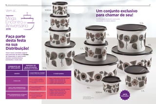 Um conjunto exclusivo
para chamar de seu!
Conﬁra quais produtos você pode
conquistar na tabela abaixo!
ARTE
EXCLUSIVA*Conﬁra a regra de
qualiﬁcação de Empresários
com seu Distribuidor.
Você é nosso convidado especial
para participar da festa de 43 anos
da Tupperware. E neste evento
teremos reconhecimentos,
premiações e muito mais.
Faça parte
desta festa
na sua
Distribuição!
6 MEGA ENCONTRO DE ANIVERSÁRIO
Vem aí...
2019
7
CONQUISTE UM
KIT EXCLUSIVO!
PERÍODO DE
QUALIFICAÇÃO:
SEMANAS 5 A 12.2019
VOCÊ É?
O QUE PRECISA FAZER?
(Critérios de qualificação)
E VOCÊ GANHA:
CONSULTOR
Ter no mínimo 5 pedidos
com a média de R$ 598,00
Ter 2 Indicações Produtivas
no período
1 Tupper Redondinha Artesanal 500ml
+ 1 Tupper Caixa Artesanal 1,1L
+ 1 Tupper Caixa Artesanal 1,7L
+ 1 Tupper Caixa Artesanal 5,5L
+ 1 Porta Tudo Artesanal 10L
NOVO LÍDER EMPREENDEDOR
(Nomeado a partir da Semana 5.2018)
Ter no mínimo 8 Indicações
Produtivas de grupo
Ser nível Vanguardista
(média de vendas)
1 Tupper Redondinha Artesanal 500ml
+ 1 Tupper Caixa Artesanal 1,1L
+ 2 Tupper Caixas Artesanal 1,7L
+ 1 Tupper Caixa Artesanal 5,5L
+ 1 Porta Tudo Artesanal 10LLÍDER EMPREENDEDOR VETERANO
(Nomeado até a Semana 4.2018)
Ter no mínimo 12 Indicações
Produtivas de grupo
Ser nível Vanguard Prata
(média de vendas) dentro
do período
500ml
500ml
1,1L
1,1L
1,7L
1,7L
1,7L
5,5L
10L
10L
5,5L
 