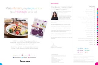 palavra da presidente
Grandes sonhos começam
com o primeiro passo
A primavera está chegando, época em
que a paisagem se renova.
Essa é uma ótima oportunidade para
fazermos o mesmo com a nossa vida e
renová-la. É chegado o momento de
escolhermos novos caminhos para
ﬁnalmente alcançarmos nossas metas e
realizarmos nossos sonhos, ou quem sabe manter o rumo e só
acelerar o passo!
Para viver intensamente, temos de sair da zona de conforto.
Nada impede que você possa sonhar alto, mas não ﬁque só no
sonho, dê o primeiro passo para tornar tudo isso realidade.
O poder para que seus sonhos se concretizem está em você
mesmo. Basta cultivá-lo e colocá-lo em prática.
A chave do sucesso está em nos entregar naquilo que fazemos
bem, sem ceder na primeira diﬁculdade.
Alce voos cada vez mais altos e lembre-se que Você Pode chegar
aonde quiser!
Revista Você Pode Tupperware é uma publicação da Dart do Brasil
Tiragem: 331.000 exemplares / distribuição interna – venda proibida
Expediente:
Gerente de Comunicação: Andrea Aumond
Editorial: Manoella Jubilato
Coordenadora de Relacionamento: Cibele Cavalcante
Analista de Relacionamento: Ana Araújo
Analista de Merchandising: Carla Madrulha
Fotos: Marco Pinto, Bezar
Redator: José Cassio - mtb 27527
Criação, Direção de Arte e Produção Gráﬁca: Varal Studio
Impressão: Gráﬁca Oceano
Os produtos ilustrados podem sofrer variações de cor, de acordo com o processo gráﬁco. Os itens de ambientação
utilizados nesta revista não acompanham os produtos.
A capacidade de todos os produtos pode variar de acordo com o tipo de alimento e/ou ingrediente armazenado ou
contido, pois a densidade varia de um ingrediente para outro. Contudo, todas as medidas volumétricas foram deﬁnidas
considerando água como parâmetro universal para referência de sua capacidade.
Os produtos Tupperware têm garantia de 10 anos contra qualquer defeito de fabricação (esta garantia não se aplica à
decoração dos mesmos) e um serviço especial para reposição de acessórios, tais como tampas, alças e grades,
conforme disponibilidade do estoque no momento da solicitação.
Os direitos de publicação desta edição e de qualquer outra marca registrada nela utilizada são propriedades de Dart
do Brasil Ind. e Com.Ltda. Nenhuma parte desta publicação poderá ser reproduzida, arquivada ou transmitida de
nenhuma forma e por nenhum meio sem permissão expressa e por escrito da detentora dos direitos.
Expediente
Paola Kiwi Levenstein
Presidente Tupperware Brands Brasil
Refrigerador
Micro-ondas
Preparação
Freezer
Armazenar
Servir
Mais vibrante, mais alegre, único.
Nossa inspiração vem de você.
/TupperwareBrasilOﬁcial
tupperware.com.br/tv tupperware.com.brtuppercity.com.br
tupperwarebrasiloﬁcial/TWBrasilOﬁcial
O Vitrine e a revista VP, que agora se chama
"Você Pode", estão com novo visual, mais alegres, mais
coloridos e muito mais vibrantes!
Conecte-se também aos nossos canais nas redes
sociais e ﬁque sempre informada das novidades!
2
3
índice
Palavra da Presidente 03
Experiência Tupperware 04
Destaques do Vitrine 06
Nutrir e Divertir 07
Incentivo Especial / Viajando com a Presidente 08
Incentivo Especial / Realeza Vanguard 10
Incentivo Especial / Rally de Natal 11
Oportunidade de Novas Conquistas 12
Integrando Corações 13
Incentivo de Indicações 14
Palavra de Vendas 18
Incentivo de Nomeações 18
Incentivo de Atividade 19
A importância do BEA 21
Atividade Especial 24
Incentivos Especiais / Olimpíadas Tupperware 25
Incentivo especial / Constelação das Estrelas 26
Nutrimetics 27
Inspire-se 28
VP 9 sem_OK_Layout 1 6/23/16 10:40 AM Page 2
 