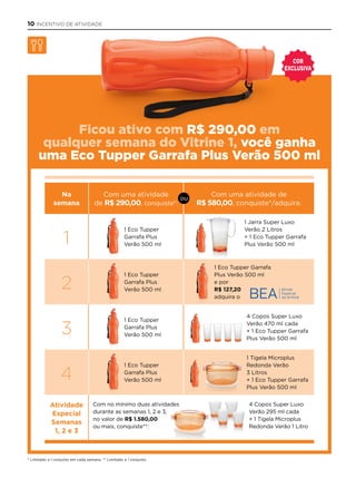 Ficou ativo com R$ 290,00 em
qualquer semana do Vitrine 1, você ganha
uma Eco Tupper Garrafa Plus Verão 500 ml
* Limitado a 1 conjunto em cada semana. ** Limitado a 1 conjunto.
Na
semana
Com uma atividade
de R$ 290,00, conquiste*:
Com uma atividade de
R$ 580,00, conquiste*/adquira:
1
ou
2
3
4
1 Eco Tupper
Garrafa Plus
Verão 500 ml
1 Jarra Super Luxo
Verão 2 Litros
+ 1 Eco Tupper Garrafa
Plus Verão 500 ml
1 Eco Tupper Garrafa
Plus Verão 500 ml
e por
R$ 127,20
adquira o
4 Copos Super Luxo
Verão 470 ml cada
+ 1 Eco Tupper Garrafa
Plus Verão 500 ml
1 Tigela Microplus
Redonda Verão
3 Litros
+ 1 Eco Tupper Garrafa
Plus Verão 500 ml
1 Eco Tupper
Garrafa Plus
Verão 500 ml
1 Eco Tupper
Garrafa Plus
Verão 500 ml
1 Eco Tupper
Garrafa Plus
Verão 500 ml
Atividade
Especial
Semanas
1, 2 e 3
4 Copos Super Luxo
Verão 295 ml cada
+ 1 Tigela Microplus
Redonda Verão 1 Litro
coR
ExclusiVa
Com no mínimo duas atividades
durante as semanas 1, 2 e 3,
no valor de R$ 1.580,00
ou mais, conquiste**:
10 INCENTIVO DE ATIVIDADE
 