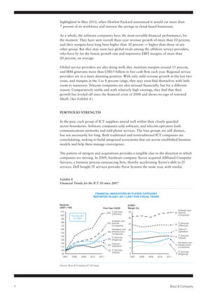 Production and Supply              Network Delivery                   Customer & Retail            Corporate/Shared Service



                                Disruption in Commodity Markets




                                                                                                                                                               Capability Alignment
Strategic Coherence




                                                           highlighted in May 2012, when Hewlett-Packard announced it would cut more than
                                                               Disruptive Technologies
                                                           7 percent of Next-Generation Infrastructure the savings in cloud-based businesses.
                                                                          its workforce and reinvest
                                                                           Growing Customer Sophistication
                                                           As a whole, the software companies have the most enviable financial performance, for
                                                                                 New Market Emergence
                                                           the moment. They have seen overall three-year revenue growth of more than 10 percent,
                                                           and their marginsDistortions been higher than 30 percent — higher than those of any
                                                                             have long
                                                                         Regulations
                                                           other group. But they may soon face global rivals among the offshore service providers,
                                                           who have by far the fastest growth rate and impressive EBIT margins of more than
                                                           20 percent, on average.

                                                           Global service providers are also doing well; they maintain margins around 15 percent,
                                                                51%
                                                           and IBM generates more than US$15 billion in free cash flow each year. Regional service
                                                           providers are in a more daunting position: With only mild revenue growth in the last two
                                                           years, and margins 36% 5 to 8 percent range, they may soon find themselves with little
                                                                                 in the
                          32%                              room to maneuver. Telecom companies are also stressed financially, but for a different
                                                           reason: Comparatively stable and with relatively high earnings, they find that their
                                                           growth has leveled off since the financial crisis of 2008 and shows no sign of renewed
                                                                                                                 23%
                                                           liftoff. (See Exhibit 4.)
                                                                                                            13%                                         12%
                                              7%
                                                           PORTFOLIO STRENGTH

                                          Unskilled        In Skilled
                                                              the past, each group of ICT suppliers stayed well within theirCustomer guarded
                                                                                                              Sales          closely
                                          Production        Production                                                       Service
                                                           sector boundaries. Software companies sold software, and telecom operators built
                                                           communications networks and sold phone services. The four groups are still distinct,
                                                           but not necessarily for long. Both traditional and nontraditional ICT companies are
                                                           consolidating, seeking to build integrated ecosystems that cut across established business
                                                           models and help them manage convergence.                                                                                                       Gui
                                                                                                                                                                                                          11.0
                                                           The pattern of mergers and acquisitions provides a tangible clue to the direction in which
                                                           companies are moving. In 2009, hardware company Xerox acquired Affiliated Computer                                                             aölk
                                                           Services, a business process outsourcing firm, thereby accelerating Xerox’s shift to IT
                                                                                                                                                                                                          32.8
                                                           services. Dell bought IT services provider Perot Systems the same year, with similar
                                                                                                                                                                                                           30

                                                           Exhibit 4
                                                           Financial Trends for the ICT 50 since 2007
                                                                                                                                                                                                           TA


                                                                                         FINANCIAL INDICATORS BY PLAYER CATEGORY                                                                          A4 f
                                                                                        REPORTED IN 2007–2011/LAST FIVE FISCAL YEARS                                                                      - wid
                                                                                                                                                                                                          - wid

                                                           Revenue                                                           Ø EBIT                                                                       Lett
                                                           (2007=100)                               Five-Year CAGR:          Margin (%)                                                                   - wid
                                                                                                                                                                                         Software and     - wid
                                                            210                                         20% IT Services      35                                                       34 Internet
                                                                                                            (Offshore)                                                                   Companies
                                                            200      Not adjusted
                                                            190        for M&A                                               30
                                                                                                            Software and                                                                                  Line
                                                            180                                                                                                                                           Line
                                                                                                        12% Internet         25                                                       23 IT Services
                                                            170                                             Companies                                                                    (Offshore)
                                                            160                                             Hardware and     20                                                       17 Telecom
                                                                                                         9% Infrastructure                                                               Operators        Note
                                                            150                                             Companies
                                                                                                                                                                                                          Plea
                                                            140
                                                                                                            IT Services
                                                                                                                             15                                                       15 IT Services
                                                                                                         6% (Regional)                                                                   (Global)         othe
                                                            130
                                                                                                                             10                                                                           file.
                                                            120                                                                                                                          Hardware and
                                                                                                            Telecom
                                                                                                         6% Operators                                                                 12 Infrastructure   The
                                                            110                                                               5                                                          Companies
                                                            100                                          3% IT Services                                                                                   App
                                                                                                            (Global)                                                                     IT Services
                                                             90                                                               0                                                        8 (Regional)
                                                              2007      2008   2009   2010       2011                          2007       2008   2009   2010   2011


                                                           Source: Booz & Company ICT 50 study




                      7                                                                                                                                                      Booz & Company
 