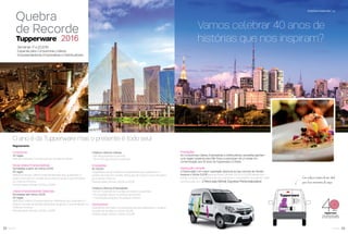 23você pode22 você pode
Incentivos especiais vp
Regulamento
Consultoras:
40 Vagas
Para as melhores Consultoras em vendas do Brasil
Novas Líderes Empreendedoras:
Nomeadas a partir do Vitrine 3.2015
40 vagas
Melhores Novas Líderes Empreendedoras que quebrarem o
próprio recorde em vendas absolutas de grupo e que atingirem
os critérios mínimos.
Período base: Vitrines 3.2015 a 2.2016.
Líderes Empreendedoras Veteranas:
Nomeadas até Vitrine 3.2015
40 Vagas
Melhores Líderes Empreendedoras Veteranas que quebrarem o
próprio recorde de vendas absolutas de grupo e que atingirem os
critérios mínimos.
Período base: Vitrines 3.2015 a 2.2016.
Critérios mínimos Líderes:
• Ser Vanguardista no período
• Ter 8 recrutas ativas no período
Empresárias:
40 VAGAS
Classiﬁcam-se as melhores Empresárias que quebrarem o
próprio recorde em vendas absolutas de Distrito e que atingirem
os critérios mínimos.
Período base: Vitrines 3.2015 a 2.2016.
Critérios mínimos Empresárias:
• Ter R$ 70.000,00 em vendas do Distrito no período
• 20 corações ativos no período do Distrito
• 1 nomeação produtiva no período Distrito
Distribuidores:
Classiﬁcam-se todos os Distribuidores que quebrarem o próprio
recorde de vendas no Vitrine 5.2016.
Período base: Vitrines 3.2015 a 2.2016.
Premiações:
As Consultoras, Líderes, Empresárias e Distribuidores campeões ganham
uma viagem especial para São Paulo e participam de um jantar em
comemoração aos 40 anos da Tupperware no Brasil.
Distribuição Campeã:
A Distribuição com maior superação absoluta do seu recorde de vendas
durante o Vitrine 5.2016 (período base: Vitrines 3.2015 a 2.2016) desde que
tenha cumprido os objetivos de recrutamento e nomeações do período, será
reconhecida com 2 Recrutas Móvel Express Personalizados!
Semanas 17 a 20.2016
Especial para Consultoras, Líderes
Empreendedoras, Empresárias e Distribuidores
O ano é da Tupperware mas o presente é todo seu!
Vamos celebrar 40 anos de
histórias que nos inspiram?
Com exclusivo sistema de som, ideal
para fazer movimentos de campo
 