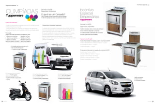 25você pode
Incentivos especiais vp
Campeã das Olimpíadas Tupperware
A campeã das Olimpíadas Tupperware será a Distribuição que
tiver mais medalhas de Ouro durante o período, desde que não
tenha ﬁcado sem nenhuma medalha dentro do período.
Se houver empate em número de medalhas de Ouro, o critério
de desempate será a quantidade de medalhas de Prata e
Bronze consecutivamente. Persistindo o empate, o critério
seguinte será o valor absoluto de vendas acumuladas dentro do
período de qualiﬁcação.
Semanas 9 a 28.2016
Serão sorteados:
2 Spins 0 Km e
4 Cozinhas Portáteis
Regras de Qualiﬁcação
Novas Empresárias (nomeadas a partir da semana 9.2015)
Cumprir R$ 60.000 em vendas por Vitrine = 1 cupom
15 recrutas por Vitrine = 1 cupom
A cada nomeação = 1 cupom
Empresárias Veteranas (nomeadas até a semana 8.2015)
Superar as vendas do mesmo
período de 2015 (por Vitrine) = 1 cupom
Superar o recrutamento do mesmo
período de 2015 (por Vitrine) = 1 cupom
A cada 2 nomeações = 1 cupom
Incentivos especiais vp
As Distribuições que ﬁcarem
entre o 21º e 30º lugares
serão reconhecidas com:
1 Frigobar Personalizado*
As Distribuições que ﬁcarem
entre o 6º e 20º lugares serão
reconhecidas com:
1 Cozinha Portátil Tupperware
A Campeã será reconhecida com:
1 Recruta Móvel Express
+ 1 Cozinha Portátil Tupperware
As Distribuições que ﬁcarem
entre o 2º e 5º lugares
serão reconhecidas com:
1 Cozinha Portátil Tupperware
+ 1 Moto
Semanas 9 a 53.2016
Especial para Distribuidores
O que é ser um Campeão?
“Ser um verdadeiro Campeão Tupperware é ir além da superação.
É ir além da imaginação para vencer o que parece ser invencível.”
Critérios de Qualiﬁcação
• Todas as Distribuições competem entre si POR VITRINE durante
11 Vitrines (Vitrines 3 a 13.2016)
• As Distribuições que cumprirem os objetivos de cada Vitrine
receberão por período uma medalha conforme a pontuação abaixo:
Pontuação
(Objetivos de Vendas, Recrutamento e Nomeação por Vitrine)
3 objetivos cumpridos Medalha de Ouro
2 objetivos cumpridos Medalha de Prata
1 objetivo cumprido Medalha de Bronze
Nenhum objetivo cumprido Nenhuma medalha
24 você pode
Especial para Empresárias
Você, Empresária, terá a chance de participar
de um Incentivo especial! Cumprindo
os critérios abaixo, participará de um sorteio
incrível. Agarre essa opotunidade!
* Foto meramente ilustrativa.
Cozinha fechada
Cozinha aberta
 