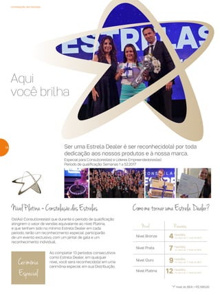 ReuniõesNível
reuniões
reuniões
reuniões
reuniões
4
7
9
12
no valor do 1o
nível do BEA*
no valor do 1o
nível do BEA*
no valor do 1o
nível do BEA*
no valor do 1o
nível do BEA*
Nível Bronze
Nível Prata
Nível Ouro
Nível Platina
constelação das estrelas
NívelPlatina=ConstelaçãodasEstrelas
Os(As) Consultores(as) que durante o período de qualificação
atingirem o valor de vendas equivalente ao nível Platina,
e que tenham sido no mínimo Estrela Dealer em cada
período, terão um reconhecimento especial: participarão
de um evento exclusivo, com um jantar de gala e um
reconhecimento individual.
Aqui
você brilha
Ser uma Estrela Dealer é ser reconhecido(a) por toda
dedicação aos nossos produtos e à nossa marca.
Especial para Consultores(as) e Líderes Empreendedores(as)
Período de qualificação: Semanas 1 a 52.2017
ComometornarumaEstrelaDealer?
Ao completar 13 períodos consecutivos
como Estrela Dealer, em qualquer
nível, você será reconhecido(a) em uma
cerimônia especial em sua Distribuição.
Cerimônia
Especial
*1º nível do BEA = R$ 580,00
14
 
