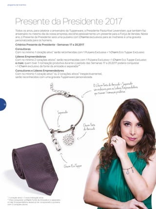 18
programa de incentivo
OCharmFontedaAmizade+Separador
sãoexclusivosparaasLíderesEmpreendedoras
quetiverem1nomeaçãoprodutiva.
Separador
CharmFonte
daAmizade
CharmEcoTupper
* 1 coração ativo = 1 nova indicação ativa
** Para conquistar o Charm Fonte da Amizade e o separador,
a Líder Empreendedora deverá já ter conquistado a pulseira
com 2 corações ativos.
Presente da Presidente 2017
Todos os anos, para celebrar o aniversário da Tupperware, a Presidente Paola Kiwi Levenstein, que também faz
aniversário no mesmo dia da nossa empresa, escolhe pessoalmente um presente para a Força de Vendas. Neste
ano, o Presente da Presidente será uma pulseira com Charms exclusivos para as mulheres e uma gravata
personalizada para os homens.
Critérios Presente da Presidente - Semanas 17 a 20.2017
Consultoras
Com no mínimo 1 coração ativo* serão reconhecidas com 1 Pulseira Exclusiva + 1 Charm Eco Tupper Exclusivo
Líderes Empreendedoras
Com no mínimo 2 corações ativos*, serão reconhecidas com 1 Pulseira Exclusiva + 1 Charm Eco Tupper Exclusivo
e mais: quem tiver 1 nomeação produtiva durante o período das Semanas 17 a 20.2017 poderá conquistar
+ 1 Charm exclusivo da fonte da amizade e separador**
Consultores e Líderes Empreendedores
Com no mínimo 1 coração ativo* ou 2 corações ativos* (respectivamente),
serão reconhecidos com uma gravata Tupperware personalizada
 