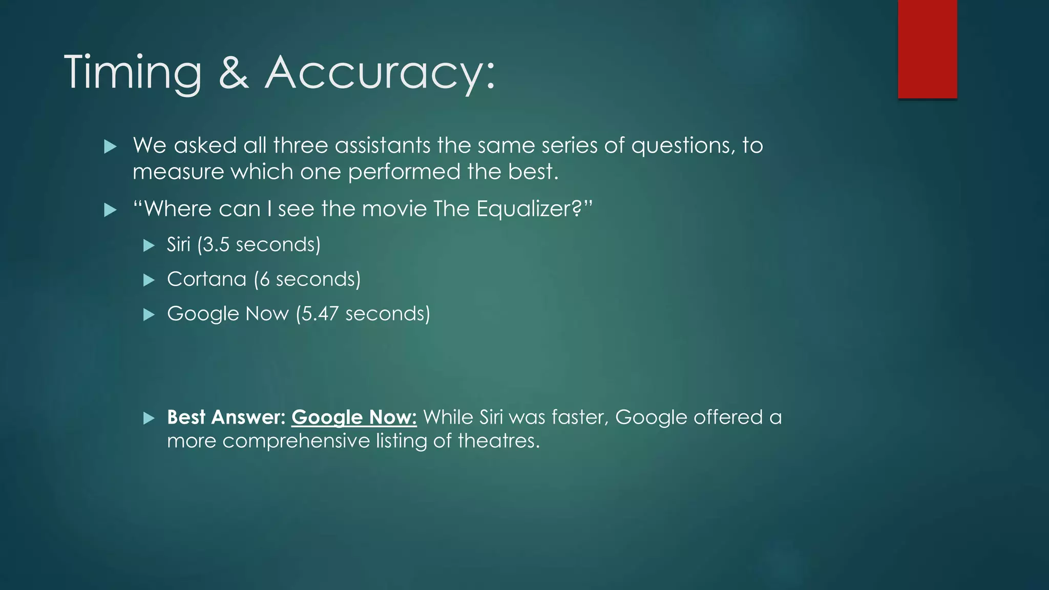 Timing & Accuracy:
 We asked all three assistants the same series of questions, to
measure which one performed the best.
 “Where can I see the movie The Equalizer?”
 Siri (3.5 seconds)
 Cortana (6 seconds)
 Google Now (5.47 seconds)
 Best Answer: Google Now: While Siri was faster, Google offered a
more comprehensive listing of theatres.
 
