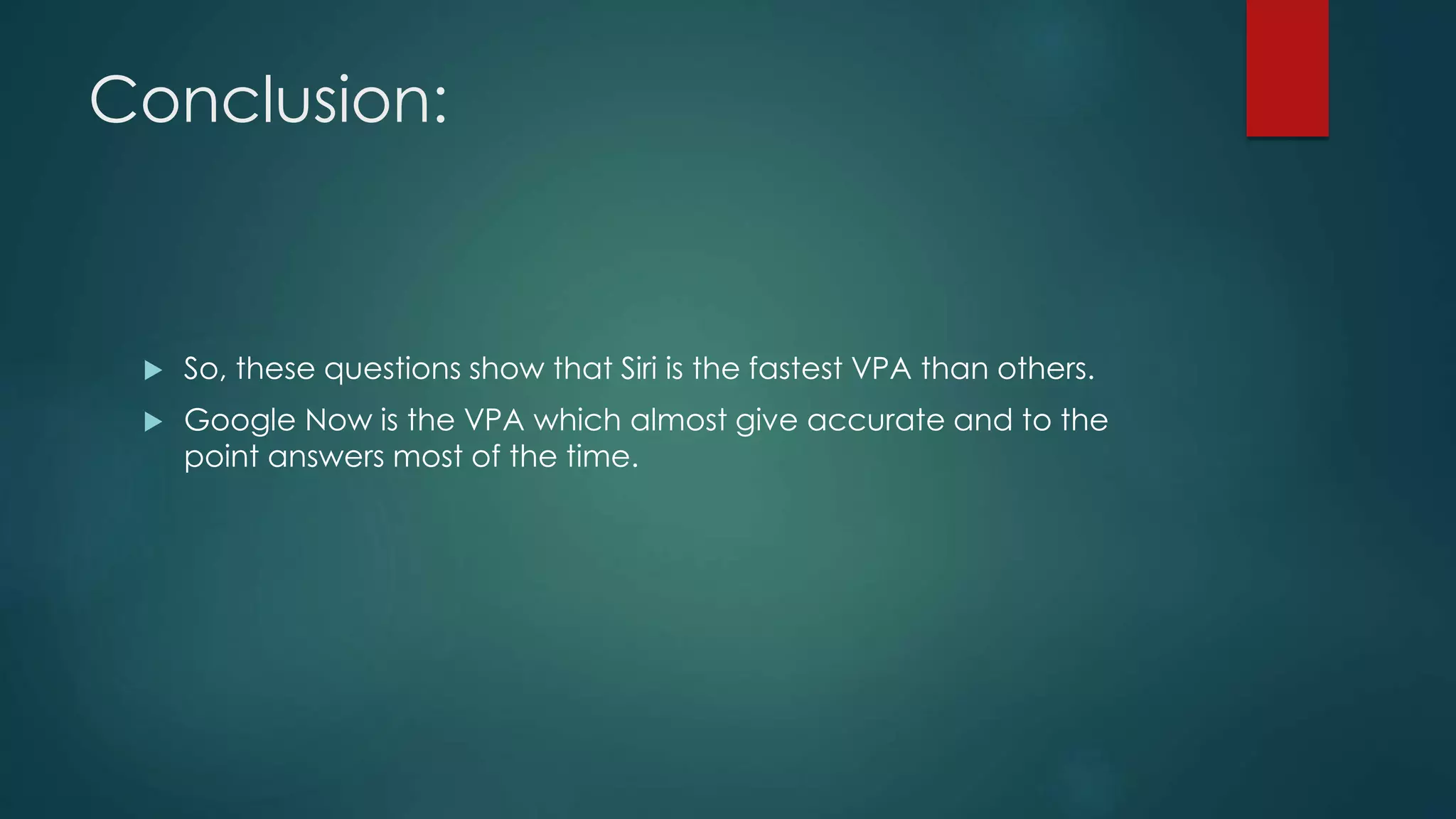Conclusion:
 So, these questions show that Siri is the fastest VPA than others.
 Google Now is the VPA which almost give accurate and to the
point answers most of the time.
 