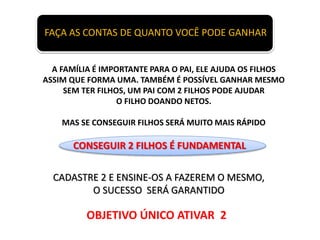 CADASTRE 2 E ENSINE-OS A FAZEREM O MESMO,
O SUCESSO SERÁ GARANTIDO
OBJETIVO ÚNICO ATIVAR 2
CONSEGUIR 2 FILHOS É FUNDAMENTAL
FAÇA AS CONTAS DE QUANTO VOCÊ PODE GANHAR
A FAMÍLIA É IMPORTANTE PARA O PAI, ELE AJUDA OS FILHOS
ASSIM QUE FORMA UMA. TAMBÉM É POSSÍVEL GANHAR MESMO
SEM TER FILHOS, UM PAI COM 2 FILHOS PODE AJUDAR
O FILHO DOANDO NETOS.
MAS SE CONSEGUIR FILHOS SERÁ MUITO MAIS RÁPIDO
 