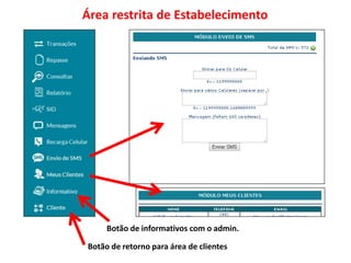 Botão de retorno para área de clientes
Botão de informativos com o admin.
Área restrita de Estabelecimento
 