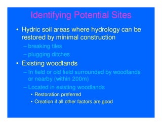 Identifying Potential Sites
• Hydric soil areas where hydrology can be
  restored by minimal construction
  – breaking tiles
  – plugging ditches
• Existing woodlands
  – In field or old field surrounded by woodlands
    or nearby (within 200m)
  – Located in existing woodlands
    • Restoration preferred
    • Creation if all other factors are good
 