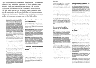 Vrijheid en Veiligheid
7776
Seksuele voorlichting D66 vindt het vanzelfspre-
kend dat in het voortgezet onderwijs – waaronder
niet-openbare scholen, seksuele voorlichting gegeven
wordt waarbij LHBT-geaardheid wordt besproken. Zo
wordt de seksuele zelfstandigheid en acceptatie van sek-
suele diversiteit onder jongeren vergroot.
LHBT evenementen Activiteiten als de Gay Pride,
roze cultuurprojecten en antidiscriminatie campagnes
blijven van groot belang om homofobie tegen te gaan
en moeten volgens D66 dan ook ondersteund wor-
den. Een voorbeeld hiervan is het beleid in stadsdeel
Noord, waar bij het subsidiëren van burgerinitiatieven
voorrang wordt verleend als het initiatief bijdraagt aan
homo-emancipatie.
Gay destination D66 wil dat de gemeente actief
werkt aan de internationale positie van Amsterdam als
baken voor de rechten van LHBT’s. Zo wil D66 onder-
meer dat de gemeente streeft dat grote LHBT-evenemen-
ten zoals de Europride in Amsterdam worden georgani-
seerd.
Geen symptoombestrijding
wanneer het om discriminatie
gaat
D66 is voorstander van een drievoudige aanpak: bewust-
wording, vroege signalering en sanctionering. Hoewel
de publiekscampagnes om de aangiftebereidheid te
verhogen van belang zijn, moet het probleem vroeg en in
de kern worden aangepakt.
Bewustwording leraren Ouders, leerlingen en
leraren kunnen verschillend tegen (discriminerend)
gedrag in de klas aankijken. Leraren moeten hier goed in
getraind worden. Zo mogelijk moeten daders en slacht-
offers betrokken worden bij de voorlichting. Het melden
van discriminatie door scholen dient te worden gestimu-
leerd.
Prioritering homofoob geweld D66 wil dat het
aanpakken van homofoob geweld en bedreigingen prio-
riteit wordt voor de politie. Dit moet een integraal onder-
deel zijn van een aanpak met buurtveiligheidsteams daar
waar dit voorkomt.
‘Roze in Blauw’ D66 pleit voor actieve ondersteuning
aan het LHBT-netwerk bij de politie.
Tegengaan discriminatie in horeca Discriminatie
in uitgaansgelegenheden moet worden tegengegaan. Een
horecazaak waar bij herhaling discriminatie plaatsvindt
dient zijn horecavergunning te verliezen. Discrimina-
tie dient volgens D66 ook actief aan de orde te worden
gesteld door uitgaansgelegenheden, dienstverleners en
taxi’s regelmatig (undercover) te controleren.
Vrouwen moeten zelfstandig, vrij
en veilig kunnen zijn
Niet alle vrouwen in Amsterdam zijn in staat om vol-
waardig aan de samenleving deel te nemen. Soms ont-
breekt het aan een voldoende opleiding om zich verder te
ontwikkelen of economisch zelfstandig te zijn. In andere
gevallen betreft het situaties waar het voor vrouwen ver-
boden is om het huis te verlaten. Ook is huiselijk geweld
tegen vrouwen een hardnekkig probleem.
Vrouwen in isolement Volgens D66 dient de ge-
meente organisaties die deze situatie aan de kaak stellen
en proberen te verhelpen te faciliteren en waar mogelijk
te ondersteunen.
Huiselijk geweld De vooruitstrevende gezinsgerichte
aanpak bij huiselijke geweld van Bureau Jeugdzorg Am-
sterdam moet binnen de nieuwe gemeentelijke structuur
gewaarborgd worden. Daarnaast moet er een integrale
aanpak komen van alle vormen van preventie, opvang
en nazorg (vooral ook gericht op de dader) en is D66
voor instelling van een (nationaal) rapporteur huiselijk
geweld.
Veiligheid voor kinderen, thuis en
op school
De veiligheid van kinderen hangt af van veel factoren,
variërend van betrouwbare werknemers in kinderdag-
verblijven, tot een grondige aanpak van pesten op school.
Pesten is een probleem van intolerantie dat volgens
D66 extra aandacht eist, aangezien het laat zien dat de
basisideeën achter de mensenrechten niet terugkomen
in de houding van kinderen. Wanneer er gepest wordt,
ontbreekt het aan respect voor de individualiteit en
waardigheid van een ander. Dit moet worden aangepakt,
met een directe betrokkenheid van de ouders.
Veiligheidsclausules Voorwaarden met betrekking
tot de veiligheid van kinderen worden opgenomen in
overeenkomsten met de organisaties waaraan de veilig-
heid van die kinderen wordt toevertrouwd. Denk aan het
verhuurcontract van een schoolgebouw of de voorwaar-
den waaronder subsidie wordt verleend. Er moet onder-
zocht worden wat de mogelijkheden zijn om jaarlijks een
deel van de werknemers in kinderdagverblijven en het
primair onderwijs, te controleren op hun integriteit in de
omgang met het kind.
Schoolverzuim Alle gemeentelijke handhavers – dus
niet alleen leerplichtambtenaren – krijgen de bevoegd-
heid schoolverzuim aan te pakken daar waar ze dat
tegenkomen.
Pestprotocol Het ontwikkelen en implementeren van
beleid tegen pesten op scholen heeft voor D66 hoge pri-
oriteit. Scholen moeten kunnen laten zien welk protocol
zij volgen in het omgaan met pesten. Daarnaast moeten
zij voorlichtingsdagen organiseren rond deze problema-
tiek.
Vrijheid moet overal en voor iedereen gelden. Het moet
niet uitmaken of je transgender, prostituee of uitge-
procedeerd asielzoeker bent. D66 vindt dat iedereen
in Amsterdam menswaardig behandeld moet worden
en recht heeft op acceptatie in de samenleving, vrije
beroepskeuze en noodopvang. Het gemeentebestuur
moet hier actief aan werken, enerzijds door hard op te
treden tegen discriminatie en anderzijds door proactief
hulp te bieden. Daarnaast spelen mensenrechten bij tal
van gemeentelijke bevoegdheden een rol, zoals privacy
bij het plaatsen van camera’s, rechten van het kind bij de
gedecentraliseerde jeugdzorg en lichamelijke integriteit
en non-discriminatie bij preventief fouilleren. Vanwege
het grote belang van mensenrechten voor Amsterdam-
mers, pleit D66 voor structurele mensenrechteneducatie
binnen het gemeentelijk apparaat, de politie en stimuler-
ing hiervan bij partners.
Emancipatie en participatie hangen nauw met elkaar
samen. Wanneer mensen zich ten volle kunnen ontploo-
ien en zichzelf kunnen zijn, kunnen zij ten volle deelne-
men aan de samenleving. Mensen hebben de kracht en
creativiteit om zichzelf te ontwikkelen en hun omgeving
en de maatschappij te versterken en te verrijken als ze
vrij, zelfstandig en veilig zijn. Vrije, individuele ontploo-
iing is een belangrijke verworvenheid in een vrij land als
Nederland en is nog belangrijker in een multiculturele
stad als Amsterdam. De Amsterdammer moet zich vrij
kunnen bewegen en zichzelf kunnen zijn, in heel Amster-
dam. Dat houdt in dat verschillende groepen onderling
een duurzame manier van samenleven moeten vinden.
Tolerantie en acceptatie is daarbij essentieel. Haat zaaien
en het oproepen tot geweld is strafbaar; daarbuiten is er
geen wettelijke beperking op de vrijheid van meningsuit-
ing.
Amsterdam is een vrije stad, maar voor sommige
Amsterdammers wordt de vrijheid van beweging binnen
het gezin beperkt of bedreigd. Mannen en vrouwen
hebben soms binnen hun familie of gemeenschap niet
de vrijheid om zichzelf te zijn of om hun persoonlijkheid
te ontwikkelen en ten volle te beleven. Voor D66 is het
van groot belang dat ook in Amsterdam deze mensen de
vrijheid hebben zicht te ontplooien. D66 staat pal voor
de vrijheid om in Amsterdam te zijn wie je wil zijn. D66
zet zich in voor emancipatie van vrouwen, homoseksue-
len en andere groepen voor wie individuele vrijheid niet
vanzelfsprekend is.
Mensenrechten in de haarvaten
van het stadbestuur
Het is volgens D66 van essentieel belang dat
bestuurders die beleid maken en ambtenaren die het
uitvoeren, op de hoogte zijn van de rechten en vrijheden
van Amsterdammers. Dit moet bijdragen aan een cul-
tuuromslag, waarbij niet de regel en procedure centraal
staat, maar de mens.
Mensenrechteneducatie D66 pleit voor structurele
mensenrechteneducatie voor bestuurders en ambtena-
ren van de gemeente Amsterdam. Gericht op kennis,
vaardigheden en houding. Verzorgd door de verschillen-
de professionele mensenrechtenorganisaties die de stad
rijk is. Zij beschikken over de juiste mensen, ervaring en
voorlichtingsmaterialen.
Herdenkingen De gemeente moet volgens D66 het
belang van mensenrechten actief benadrukken en uitdra-
gen tijdens herdenkingen. Door een link te maken tussen
misstanden in het verleden en heden, kan aangetoond
worden waarom het zo belangrijk is dat mensenrechten
er zijn – ook in deze tijd. Een goed voorbeeld hiervan is
de herdenking van het slavernijverleden.
Lesbiennes, homo’s, biseksuelen
en transgenders nog niet gewoon
genoeg
Homoseksualiteit is in verschillende culturen nog een
groot taboe. Jongens, meisjes, mannen en vrouwen voe-
len zich door hun omgeving gedwongen om hun geaard-
heid te verbergen.
Tolerantie Daar waar de acceptatie en tolerantie
voor lesbiennes, homo’s, biseksuelen en transgenders
(LHBT’s) achterblijft wil D66 dat de gemeente actief
tolerantie stimuleert en waar nodig afdwingt. Voorbeel-
den zijn homoseksuele jongeren met een multiculturele
achtergrond en ouderen die in verzorgingshuizen weer
de kast ingaan.
Zware criminaliteit, zoals drugsoverlast en vandalisme, is in Amsterdam
sinds 2003 sterk afgenomen. Een aanpak als de Top 600 werkt goed.
Bewoners van de stad ervaren echter veel overlast in de vorm van
verloedering, burengerucht, overlast van jongeren en discriminatie.
D66 vindt dat er naast gerichte acties tegen zware criminaliteit, meer
gewerkt moet worden aan dit (on)veiligheidsgevoel. Bewoners moeten
zelf hun buurt onderhouden, elkaar leren accepteren en meer betrokken
worden als waarnemers en melders van overlast bij de politie.
 