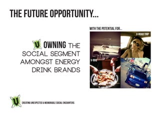 THE FUTURE OPPORTUNITY...
                                                       with the potential for...
                                                                                   v-road trip


     V OWNING THE
  SOCIAL SEGMENT
                                                       v-bbq
  AMONGST ENERGY
    DRINK BRANDS



   CREATING UNEXPECTED & MEMORABLE SOCIAL ENCOUNTERS
 