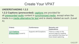 UNDERSTANDING 1.2.2
1.2.2 Captions (prerecorded): captions are provided for
all prerecorded audio content in synchronized media, except when the
media is a media alternative for text and is clearly labeled as such. (Level
A)
Create Your VPAT
44
Criteria Conformance Remarks and
Explanations
1.2.2 Captions
(Prerecorded) (Level A)
Supports with Exceptions There is a video on the
account page for resetting
your password that does not
have closed captioning.
 