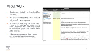 VPAT/ACR
• Customers initially only asked for
a VPAT.
• We ensured that the VPAT would
all gaps for each page.
• Universit...
