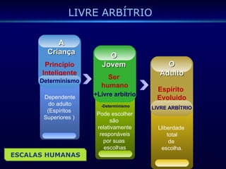 LIVRE ARBÍTRIO
Dependente
do adulto
(Espíritos
Superiores )
Princípio
Inteligente
Determinismo
AA
CriançaCriança
Lliberdade
total
de
escolha.
Lliberdade
total
de
escolha.
Espírito
Evoluído
LIVRE ARBÍTRIO
OO
AdultoAdulto
Ser
humano
+Livre arbítrio
Pode escolher
são
relativamente
responáveis
por suas
escolhas
OO
JovemJovem
ESCALAS HUMANAS
-Determinismo
 