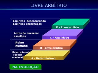 LIVRE ARBÍTRIO
D - Livre arbítrio
C - Fatalidade
B - Livre arbítrio
A - Determinismo
Espíritos desencarnado
Espíritos encarnados
Antes de encarnar
escolhas
Reino
humano
Reino mineral,
vegetal
e animal
NA EVOLUÇÃO
 