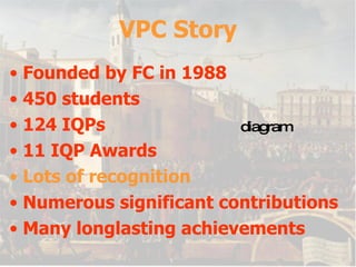 VPC Story Founded by FC in 1988 450 students 124 IQPs 11 IQP Awards Lots of recognition Numerous significant contributions Many longlasting achievements diagram 