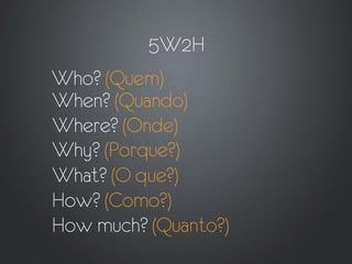 5W2H
Who? (Quem)
When? (Quando)
Where? (Onde)
Why? (Porque?)
What? (O que?)
How? (Como?)
How much? (Quanto?)
 