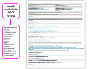 Hoja de
seguimiento
AIEPI
Reverso
Realizar análisis
de los
indicadores de
crecimiento,
condición
general.
Según
Diagnostico
indicar
Tratamiento,
orientaciones,
seguimiento y
próxima cita.
 
