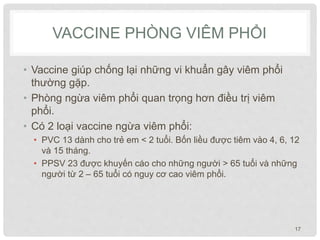 VACCINE PHÒNG VIÊM PHỔI
• Vaccine giúp chống lại những vi khuẩn gây viêm phổi
thường gặp.
• Phòng ngừa viêm phổi quan trọng hơn điều trị viêm
phổi.
• Có 2 loại vaccine ngừa viêm phổi:
• PVC 13 dành cho trẻ em < 2 tuổi. Bốn liều được tiêm vào 4, 6, 12
và 15 tháng.
• PPSV 23 được khuyến cáo cho những người > 65 tuổi và những
người từ 2 – 65 tuổi có nguy cơ cao viêm phổi.
17
 