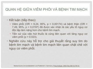 QUAN HỆ GIỮA VIÊM PHỔI VÀ BỆNH TIM MẠCH
• Kết luận (tiếp theo):
• Viêm phổi (OR = 9,24, 95%, p = 0,00174) và bệnh thận (OR =
7,49, 95%, p = 0,0197) đã được xác nhận là các yếu tố nguy cơ
độc lập làm nặng hơn cho bệnh tim mạch.
• Tiền sử của việc hút thuốc lá cũng liên quan với tăng nguy cơ
viêm phổi (p = 0.023).
• Nghiên cứu này hỗ trợ cho giả thuyết rằng suy tim do
bệnh tim mạch và bệnh tim mạch liên quan chặt chẽ với
nguy cơ viêm phổi.
Medizinische Universitätsklinik und Poliklinik II, Germany, Pneumologie. 2002 Dec;56(12):781-8.
 