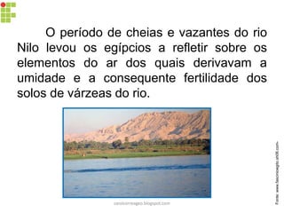 O período de cheias e vazantes do rio
Nilo levou os egípcios a refletir sobre os
elementos do ar dos quais derivavam a
umidade e a consequente fertilidade dos
solos de várzeas do rio.
Fonte:www.fascinioegito.sh06.com-
carolcorreageo.blogspot.com
 
