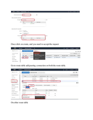 Once click on create, and you need to acceptthe request
Go to route table add peering connection on both the route table.
On other route table
 