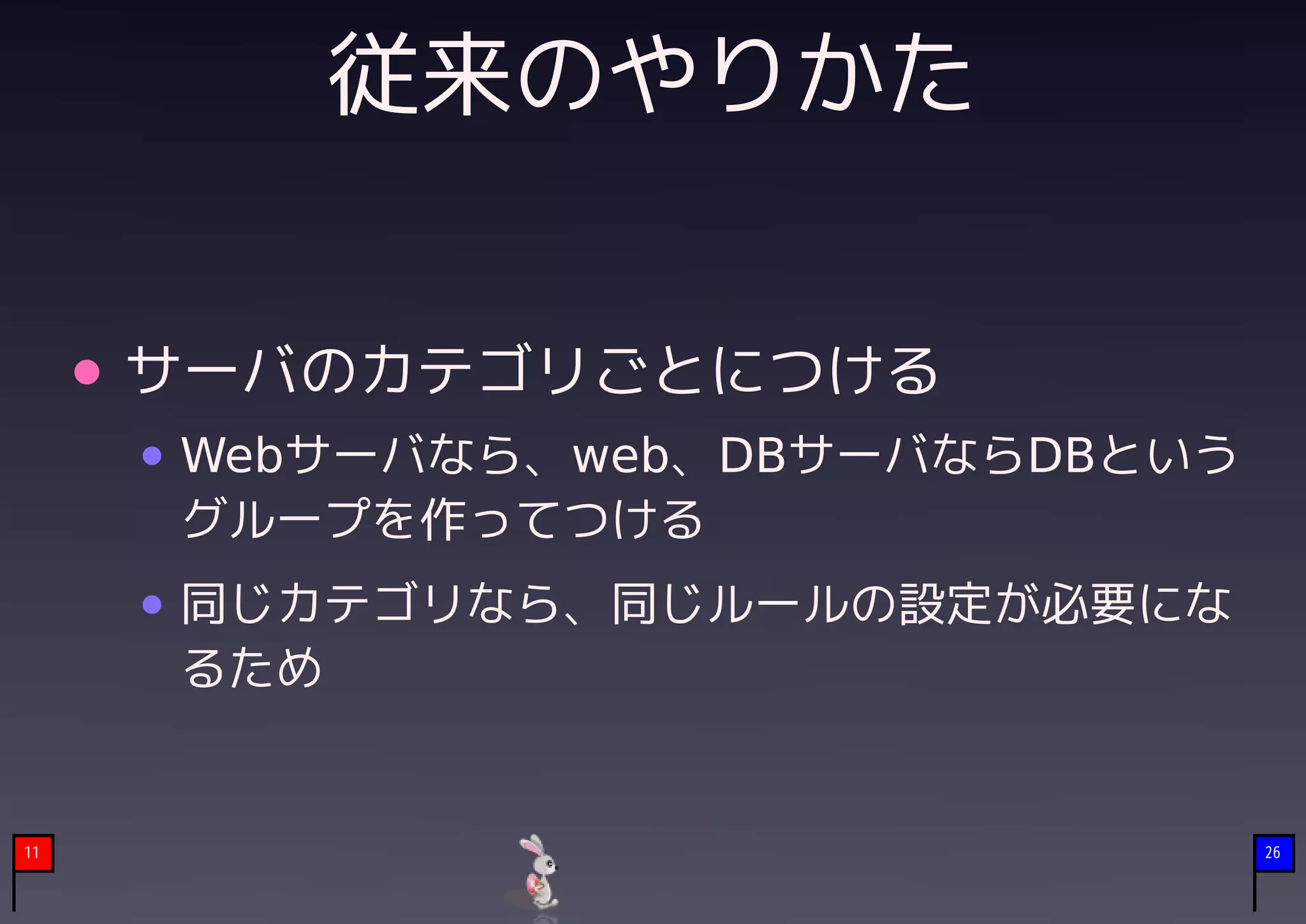 従来のやりかた


     サーバのカテゴリごとにつける
     Webサーバなら、web、DBサーバならDBという
     グループを作ってつける
     同じカテゴリなら、同じルールの設定が必要にな
     るため


11                               26
 
