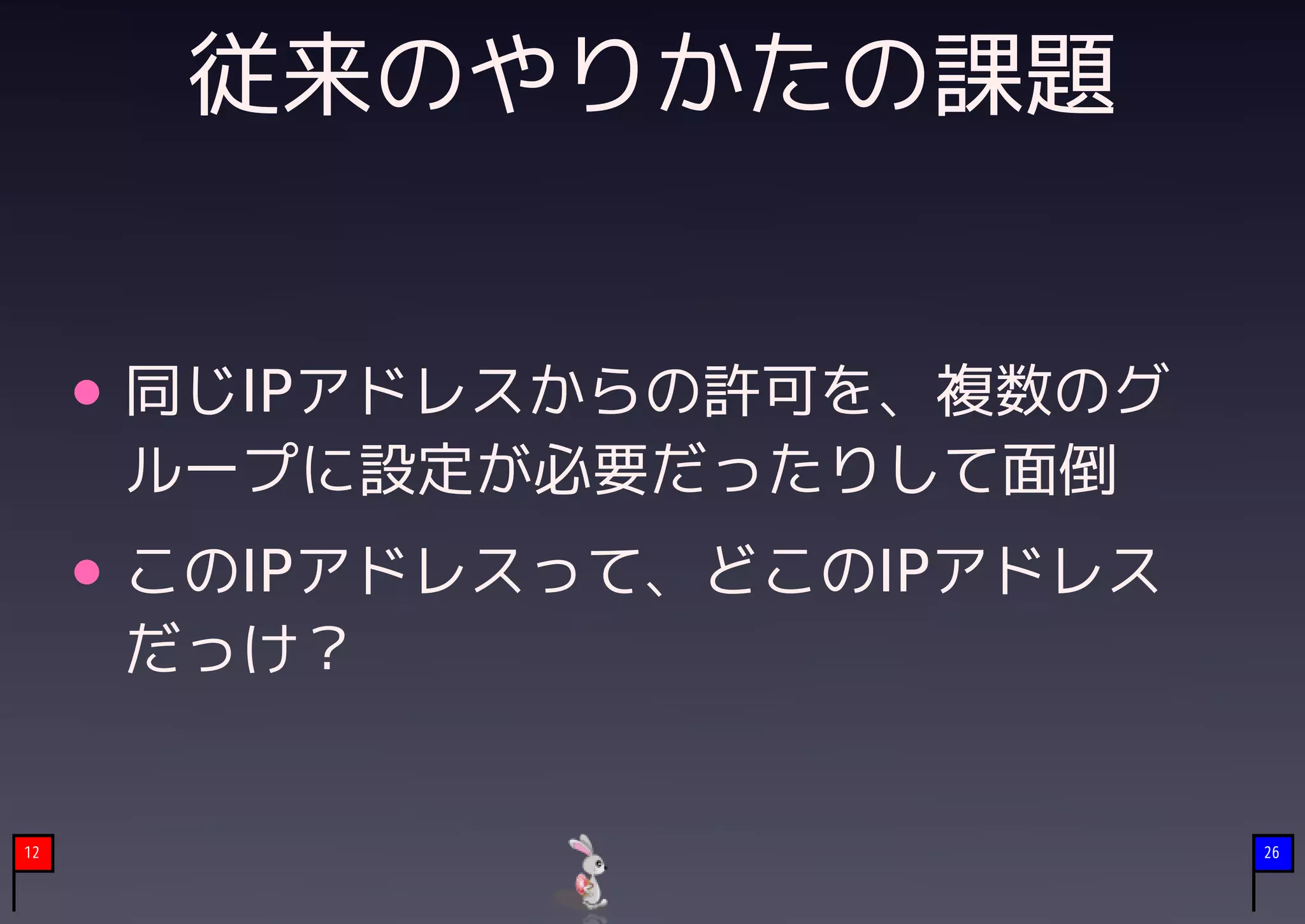 従来のやりかたの課題


     同じIPアドレスからの許可を、複数のグ
     ループに設定が必要だったりして面倒
     このIPアドレスって、どこのIPアドレス
     だっけ？


12                          26
 
