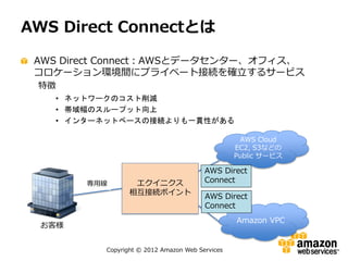 AWS Direct Connectとは

 AWS Direct Connect：AWSとデータセンター、オフィス、
 コロケーション環境間にプライベート接続を確立するサービス
 特徴
   • ネットワークのコスト削減
   • 帯域幅のスループット向上
   • インターネットベースの接続よりも一貫性がある

                                                  AWS Cloud
                                                 EC2, S3などの
                                                 Public サービス

                                        AWS Direct
        専用線       エクイニクス                Connect
                 相互接続ポイント
                                        AWS Direct
                                        Connect
                                                 Amazon VPC
  お客様


          Copyright © 2012 Amazon Web Services
 
