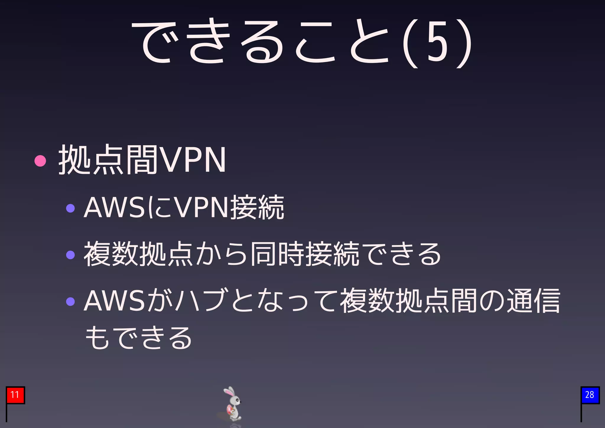 できること(5)

     拠点間VPN
     AWSにVPN接続
     複数拠点から同時接続できる
     AWSがハブとなって複数拠点間の通信
     もできる
11                        28
 