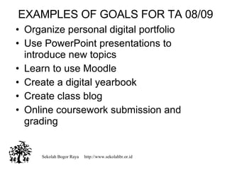 EXAMPLES OF GOALS FOR TA 08/09 Organize personal digital portfolio  Use PowerPoint presentations to introduce new topics  Learn to use Moodle Create a digital yearbook  Create class blog  Online coursework submission and grading  Sekolah Bogor Raya  http://www.sekolahbr.or.id 