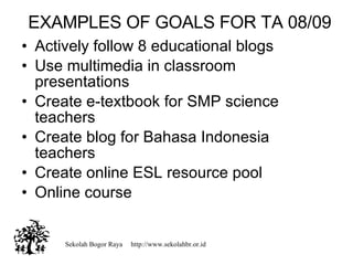 EXAMPLES OF GOALS FOR TA 08/09 Actively follow 8 educational blogs Use multimedia in classroom presentations Create e-textbook for SMP science teachers Create blog for Bahasa Indonesia teachers Create online ESL resource pool Online course Sekolah Bogor Raya  http://www.sekolahbr.or.id 