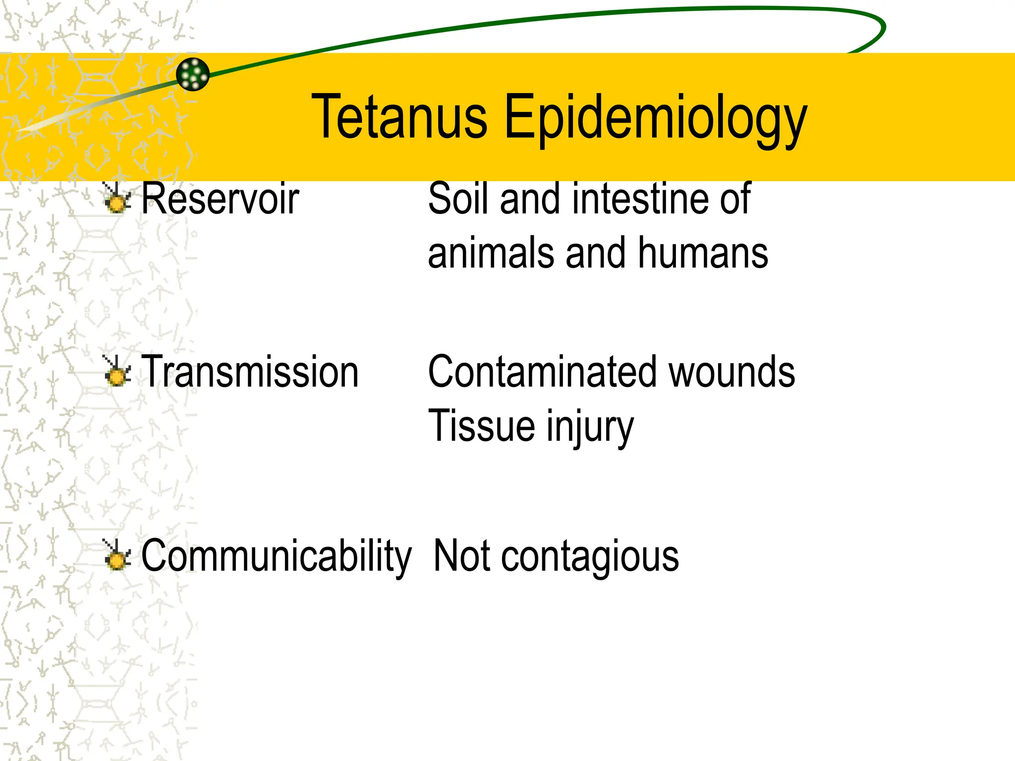 Tetanus Epidemiology
Reservoir Soil and intestine of
animals and humans
Transmission Contaminated wounds
Tissue injury
Communicability Not contagious
 