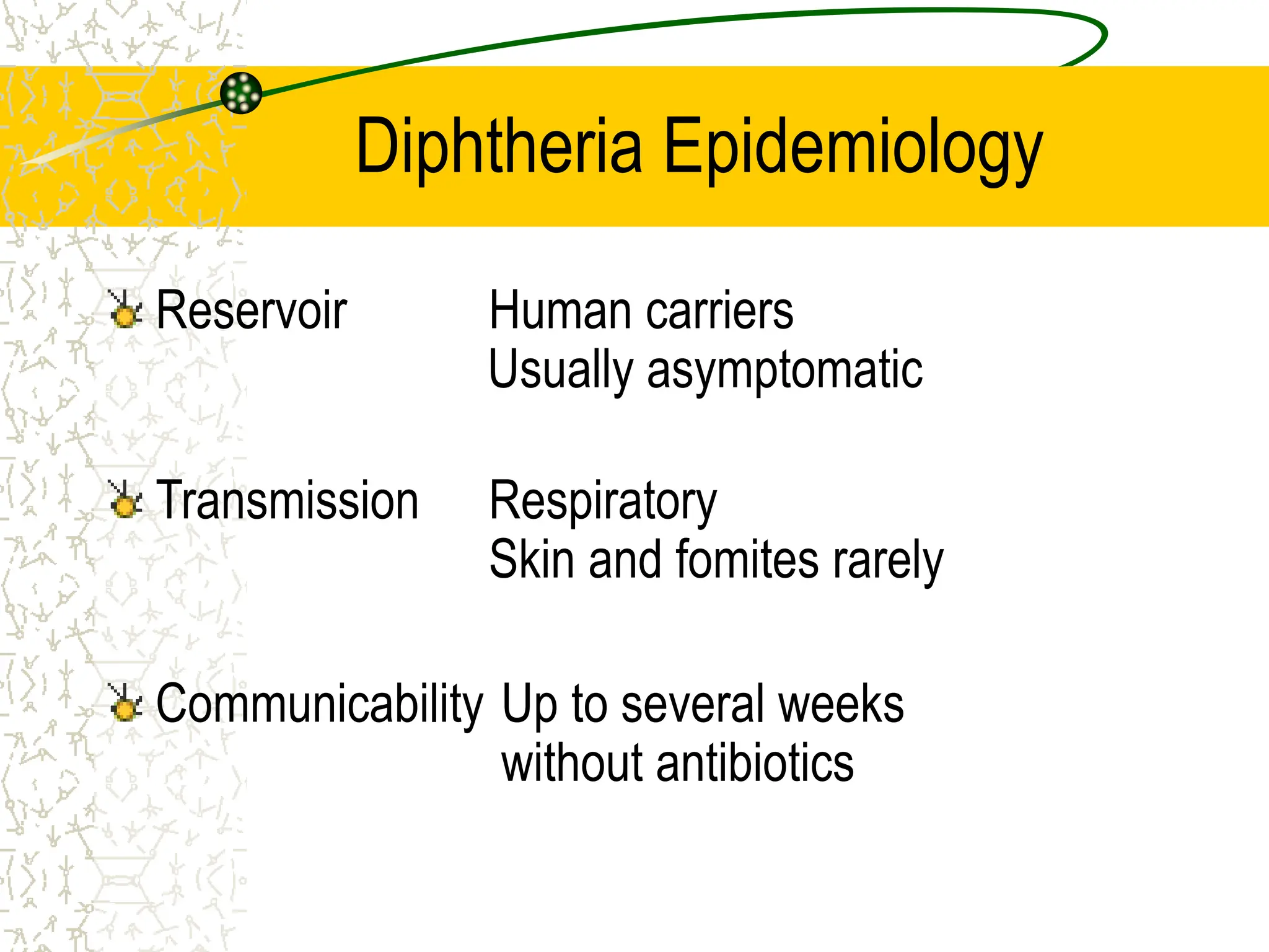 Diphtheria Epidemiology
Reservoir Human carriers
Usually asymptomatic
Transmission Respiratory
Skin and fomites rarely
Communicability Up to several weeks
without antibiotics
 
