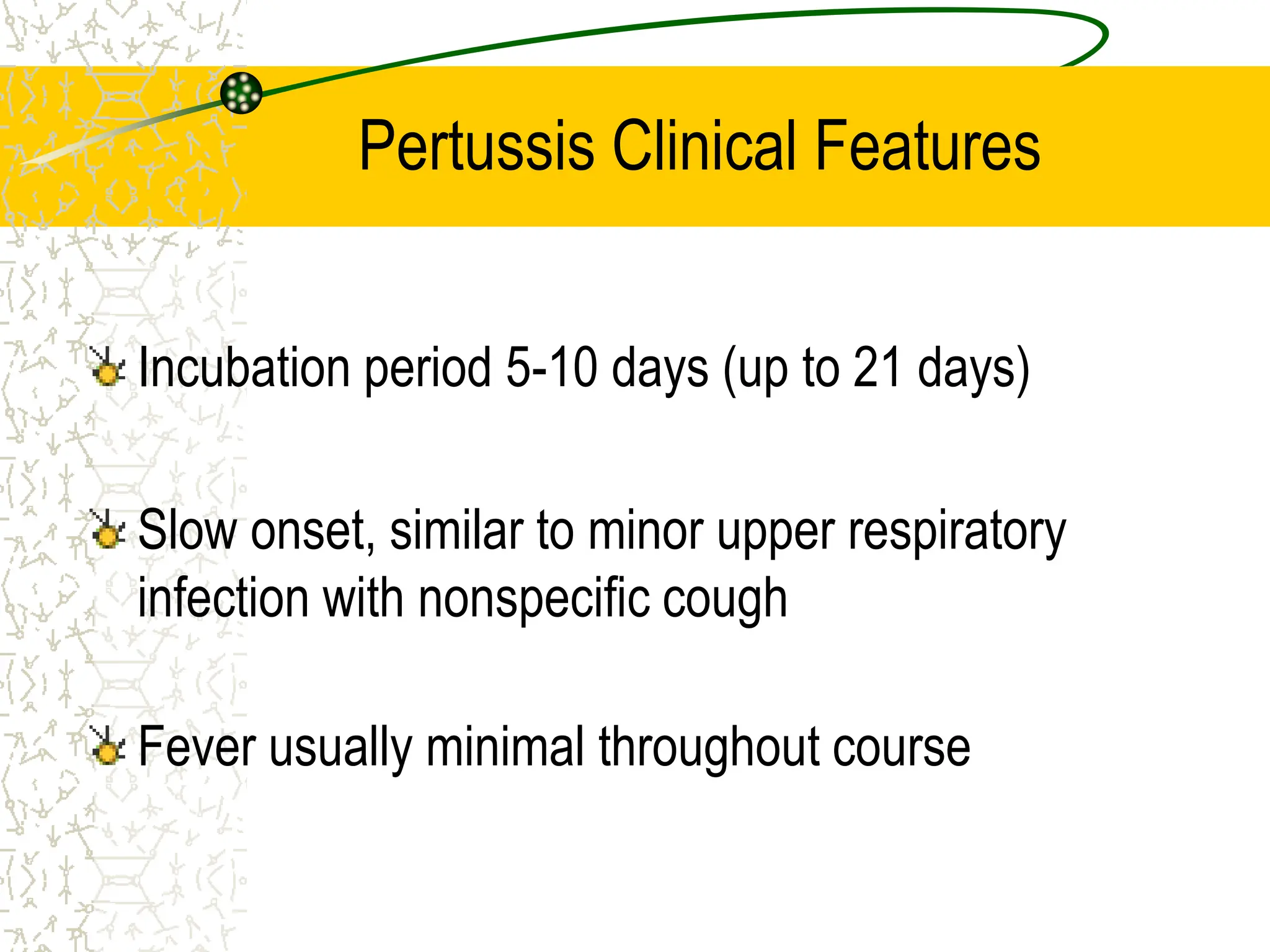 Pertussis Clinical Features
Incubation period 5-10 days (up to 21 days)
Slow onset, similar to minor upper respiratory
infection with nonspecific cough
Fever usually minimal throughout course
 