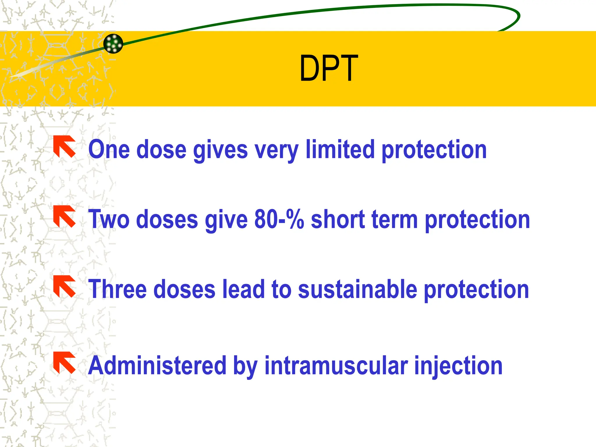 DPT
 One dose gives very limited protection
 Two doses give 80-% short term protection
 Three doses lead to sustainable protection
 Administered by intramuscular injection
 