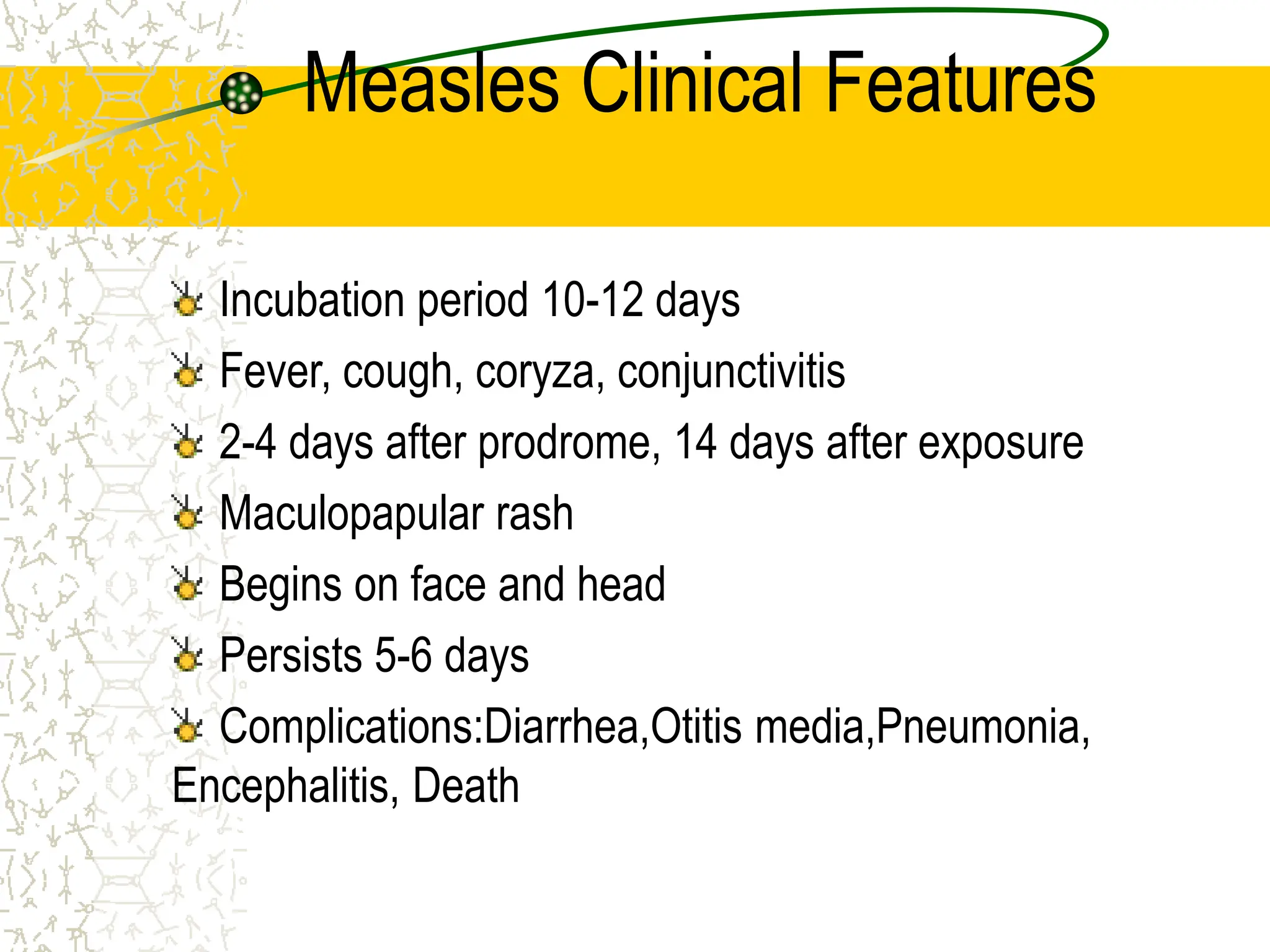 Measles Clinical Features
Incubation period 10-12 days
Fever, cough, coryza, conjunctivitis
2-4 days after prodrome, 14 days after exposure
Maculopapular rash
Begins on face and head
Persists 5-6 days
Complications:Diarrhea,Otitis media,Pneumonia,
Encephalitis, Death
 