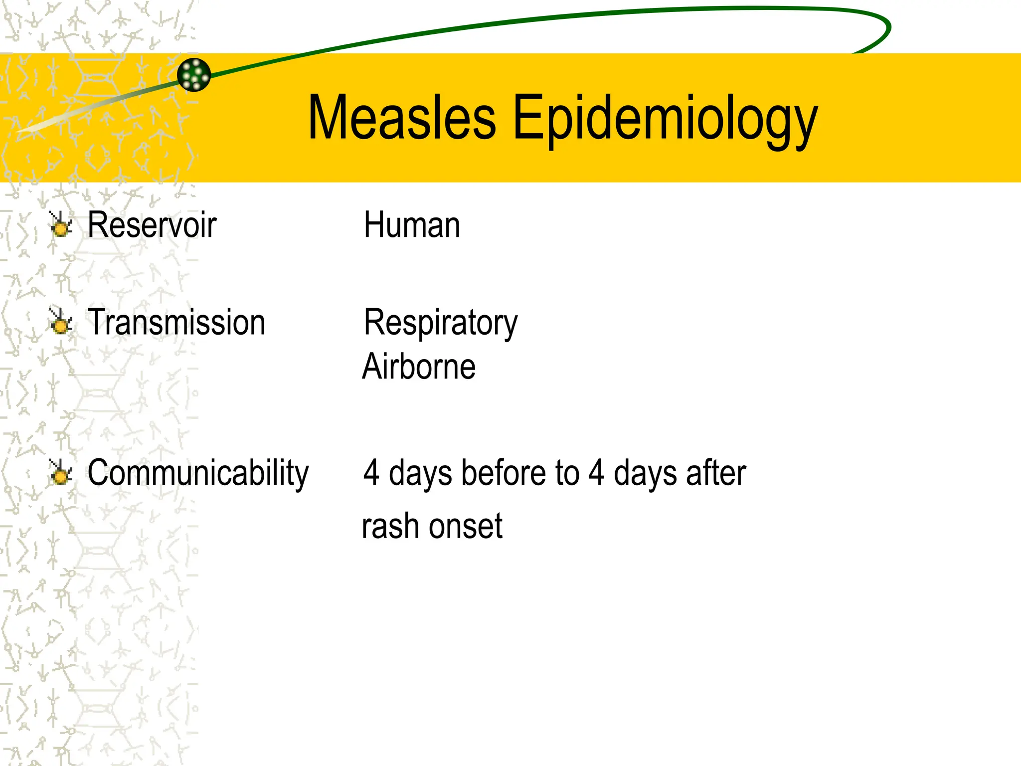 Measles Epidemiology
Reservoir Human
Transmission Respiratory
Airborne
Communicability 4 days before to 4 days after
rash onset
 