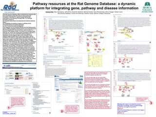 Pathway resources at the Rat Genome Database: a dynamic
                                                           platform for integrating gene, pathway and disease information
                                                                    Victoria Petri, Mary Shimoyama, Jeff dePons, Alexander Stoddard, Melinda Dwinell, Diane Munzenmaier, Simon Twigger, Howard Jacob
                                                                                          Rat Genome Database, Human and Molecular Genetics Center, Medical College of Wisconsin
The Rat Genome Database offers comprehensive pathway data
and visualization along with tools for easy access and                                                                                                                                                                                                                                   c
navigation. Important for organizing and making data
searchable is the Pathway Ontology (PW). The ontology
provides a means to:
a) illustrate relationships and dependencies between pathway                                                                         j
types;
b) standardize annotations of genes to pathway terms,
including altered and disease pathways;
c) link to interactive pathway diagrams.
The diagrams can be accessed directly from the Pathway entry
point of RGD homepage. Pathway terms can be searched using
the Ontology Browser, Genome Viewer, keyword search or
entries in the Disease Portals. The result is an ontology report
with the rat, human and mouse genes annotated to the term. If
available, the icon of an interactive pathway diagram is
displayed and the diagram page can be accessed. Every
diagram page provides links to gene report pages, lists for
members of a family or target genes (individual entries link to
gene report pages), PubChem entries for small molecules, Pfam
entries for domains mentioned in the description, PubMed
entries for cited references. Very importantly, links to pathways
triggered by or connected to the pathway under investigation,                                                                                                                                                                                                                            d
or between a disease pathway and the underlying altered
pathways, are provided. This latter feature allows users to
‘travel’ through the pathway landscape, explore how circuits
connect to one another, how the altered version of a pathway
differs from the normal one, or how malfunctioning pathways
converge on a disease. Annotations and diagrams are based on
the available review literature. The selection of pathways is
made in conjunction with the Disease Portals project, the role
the pathway plays within the global network of integrated
circuits of the system or within major physiological pathways.
Diagrams are built using the Pathway Studio software from
Ariadne Genomics, version 6.0. The diagram pages are created
using a Content Management System. The ontology and
annotations are available for download from our ftp site.




                                                                                                                                                                                                                                                                                         e
                                                                                                                                                From the main page one can directly select the
                                                                                                                                             “Pathways” entry point to get the list of available
                                                                                                                                             interactive diagrams and select one.

                                                                                                                                                From the main page one can choose DATA,
                                                                                                                                             Ontologies, select the ‘pathway ontology’, make a
                                                                                                                                             search and browse the vocabulary or get an Ontology
                                                                                                                                             Report for a pathway of interest. If there is a diagram, a
                                                                                                                                             link is provided from the icon displayed.

                                                                                                                                                 From the main page, one can choose/go to Genome
                                                                                                                                             Tools and then GViewer to do ontology(ies) search or
                                                                                                                                             from “Diseases” go to one of the portals and select any
                                                                                                                                             of the entries listed within a category.

                                                                                                                                                An interactive diagram page provides a description,
                                                                                                                                             legend, the diagram Itself with links to genes and other
                                                                                                                                             dynamic reports, abbreviations, references with links to
                                                           a                                                                                 PubMed, links to Pfam or PubChem databases for
                                                                                                                                             domains mentioned in the description or compounds in
                                                                                                                                             the diagram, links to other pathways and the .gpp file for
                                                                                                                                             Ariadne users.
                 Pathway terms can be searched using                                                                                                                                                                                                  Disease pathway and underlying
                 the Ontology Browser from DATA,                                                                                                                                                                                                      altered pathways (c); an altered
                 GViewer from Genome Tools, entries in                                                                                          The ontology has entries for the altered version of a                                                 version of a pathway (d); its
                 the Disease Portals. Diagrams can be                                                                                                                                                                                                 normal counterpart (e)
                 accessed from the ontology report or                                                                                        pathway and for disease pathways. Interactive disease
                                                                                                                                             pathway diagrams provide links to the underlying
                                                                                                                                                                                                                                                                                         3
                 directly from the list in Pathways.
                 The four nodes of the ontology (a); the                                                                                     altered pathways. The user can go back and forth
                 list of interactive pathway diagrams -
                 new diagrams are added on a regular
                                                                                                                                             between disease and altered pathways or between the          Would you like to explore in more detail the connections
                 basis (b)                                                                           The anatomy of an interactive pathway   altered and normal version of a pathway. Note that           between genes and pathways, diseases and altered pathways,
                                                                                                     diagram. The components of the          culprit genes within an altered pathway are displayed in     available links and navigational capabilities?
          1                                                                                          diagram link to gene report pages or
                                                                                                     dynamic lists of genes, PubMed for
                                                                                                     cited references, Pfam for domains in
                                                                                                                                             the disease pathway diagram and they are color-coded.
                                                                                                                                                                                                          Visit us!
                                                                                                     the description, small molecules and                                                                 Would like to find pathway terms, annotations and/or diagrams

FUNDING:
                                                                          b
                                                                                             2       to other pathways in the diagrams.
                                                                                                     Links shown are marked by the red
                                                                                                     star
                                                                                                                                                                                                          not yet in the database?
                                                                                                                                                                                                          Contact us!
Grant HL64541 – NHLBI, NIH
 