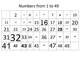 Numbers from 1 to 49 1 2 3 4 5 6 7 8 9 10 11 12 13 14 15 16 17 19 20 21 22 23 24 25 26 27 28 29 30 31 32 33 34 35 36 37 38 39 41 42 43 44 45 46 47 48 49 40 18 