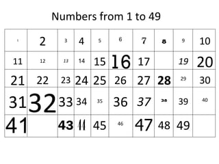 Numbers from 1 to 49 1 2 3 4 5 6 7 8 9 10 11 12 13 14 15 16 17 19 20 21 22 23 24 25 26 27 28 29 30 31 32 33 34 35 36 37 38 39 41 43 44 45 46 47 48 49 40 