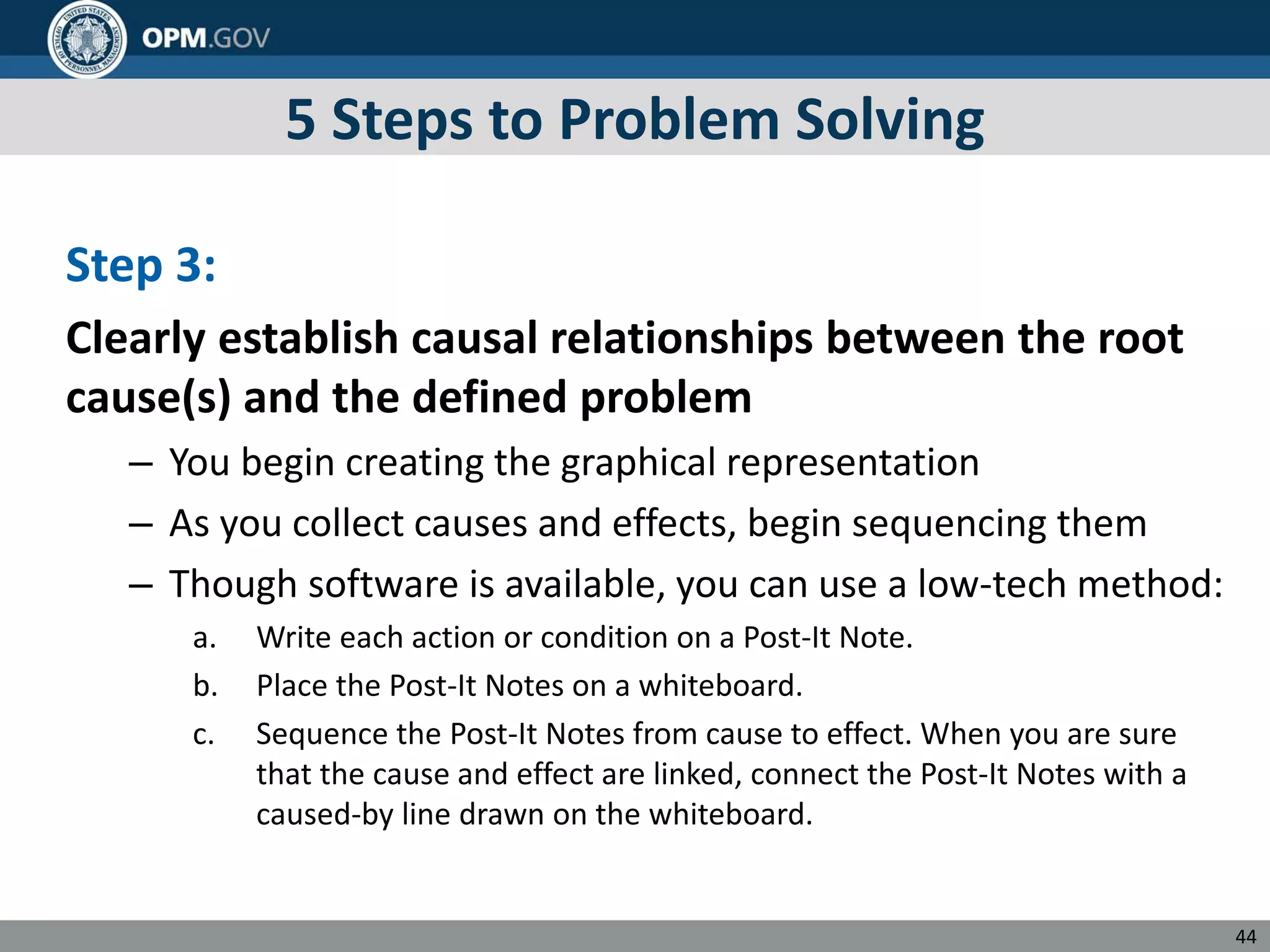 5 Steps to Problem Solving
Step 3:
Clearly establish causal relationships between the root
cause(s) and the defined problem
– You begin creating the graphical representation
– As you collect causes and effects, begin sequencing them
– Though software is available, you can use a low-tech method:
a. Write each action or condition on a Post-It Note.
b. Place the Post-It Notes on a whiteboard.
c. Sequence the Post-It Notes from cause to effect. When you are sure
that the cause and effect are linked, connect the Post-It Notes with a
caused-by line drawn on the whiteboard.
44
 