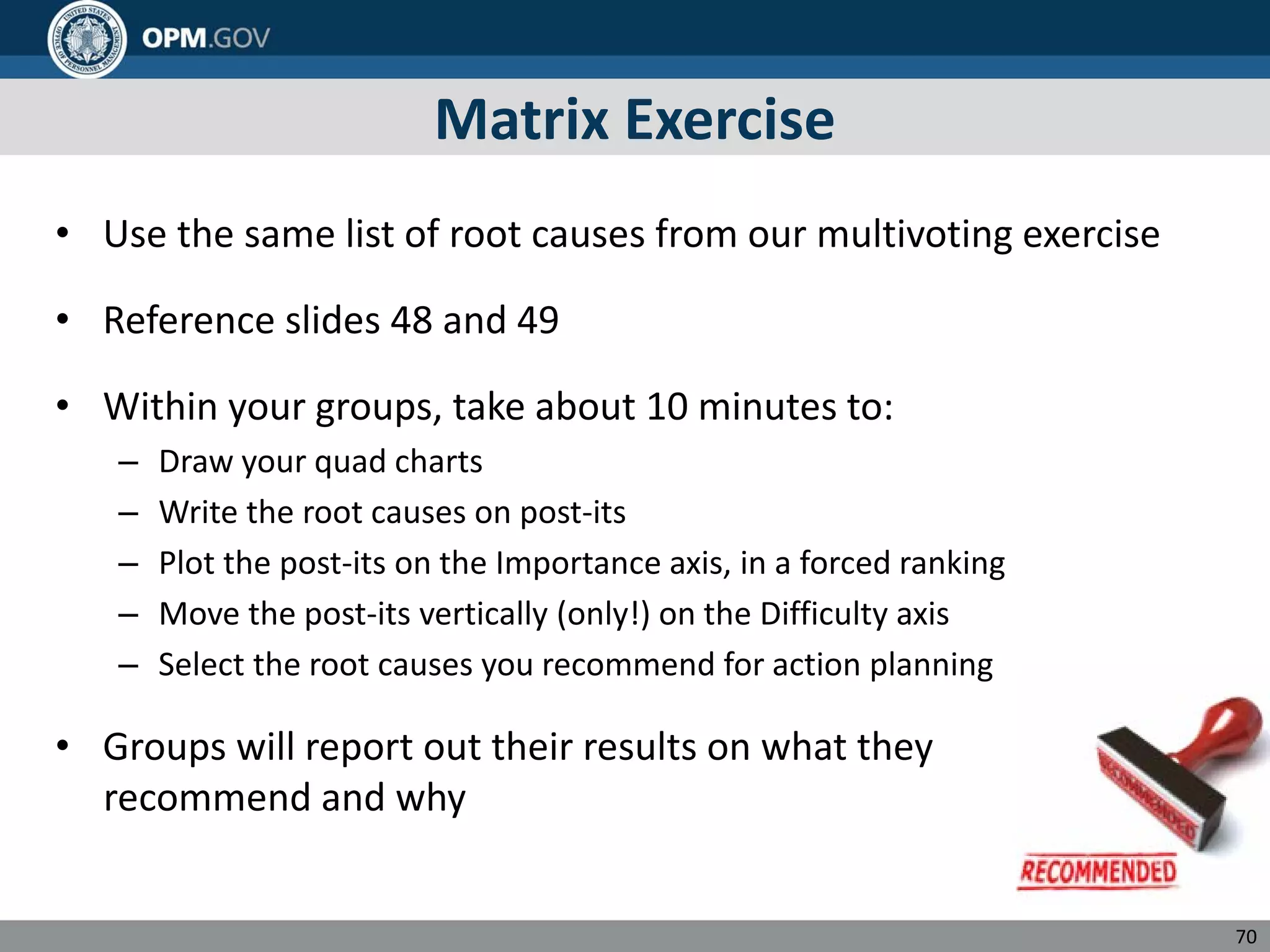 Matrix Exercise
• Use the same list of root causes from our multivoting exercise
• Reference slides 48 and 49
• Within your groups, take about 10 minutes to:
– Draw your quad charts
– Write the root causes on post-its
– Plot the post-its on the Importance axis, in a forced ranking
– Move the post-its vertically (only!) on the Difficulty axis
– Select the root causes you recommend for action planning
• Groups will report out their results on what they
recommend and why
70
 