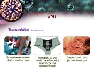 Transmisión (continuación)
Transmisióndelamadre
al niñoduranteel parto
Intercambioderopa
interior húmedaopaños
mojadosconuna
personainfectada
Contactodirectodela
piel conlasverrugas
VPH
 