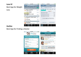 Lose	
  It!	
  	
  
Best	
  App	
  for	
  Weight	
  
Loss	
  
ZocDoc	
  
Best	
  App	
  for	
  Finding	
  a	
  Doctor	
  
 